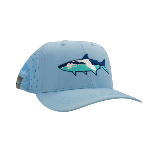 Light blue nylon mesh back hat with a tarpon silhouette on the front with a fly and state of florida inside