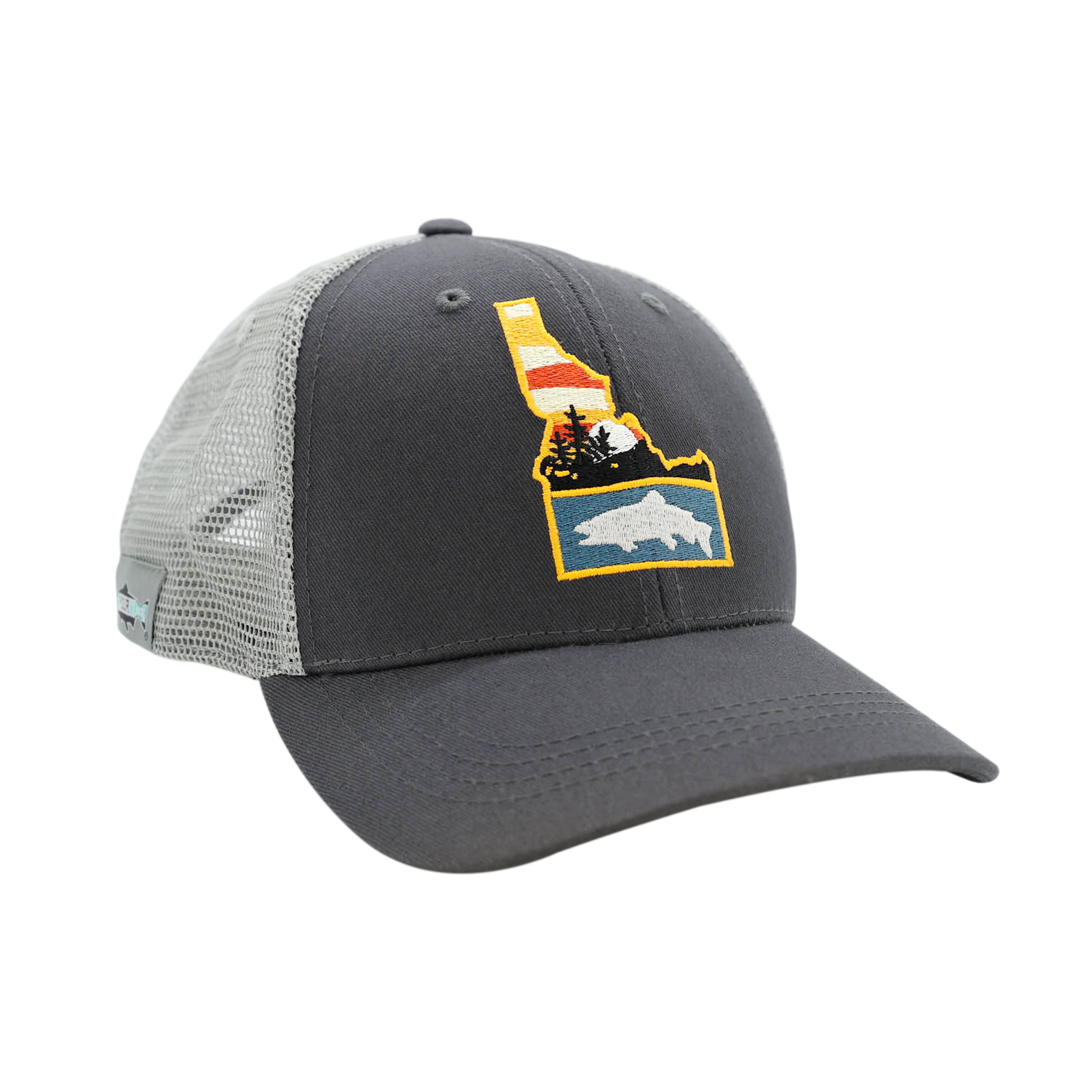 gray front and light gray mesh back repyourwater hat with the state of idaho on the front and a sunset mountain scape and trout silhouette inside. 