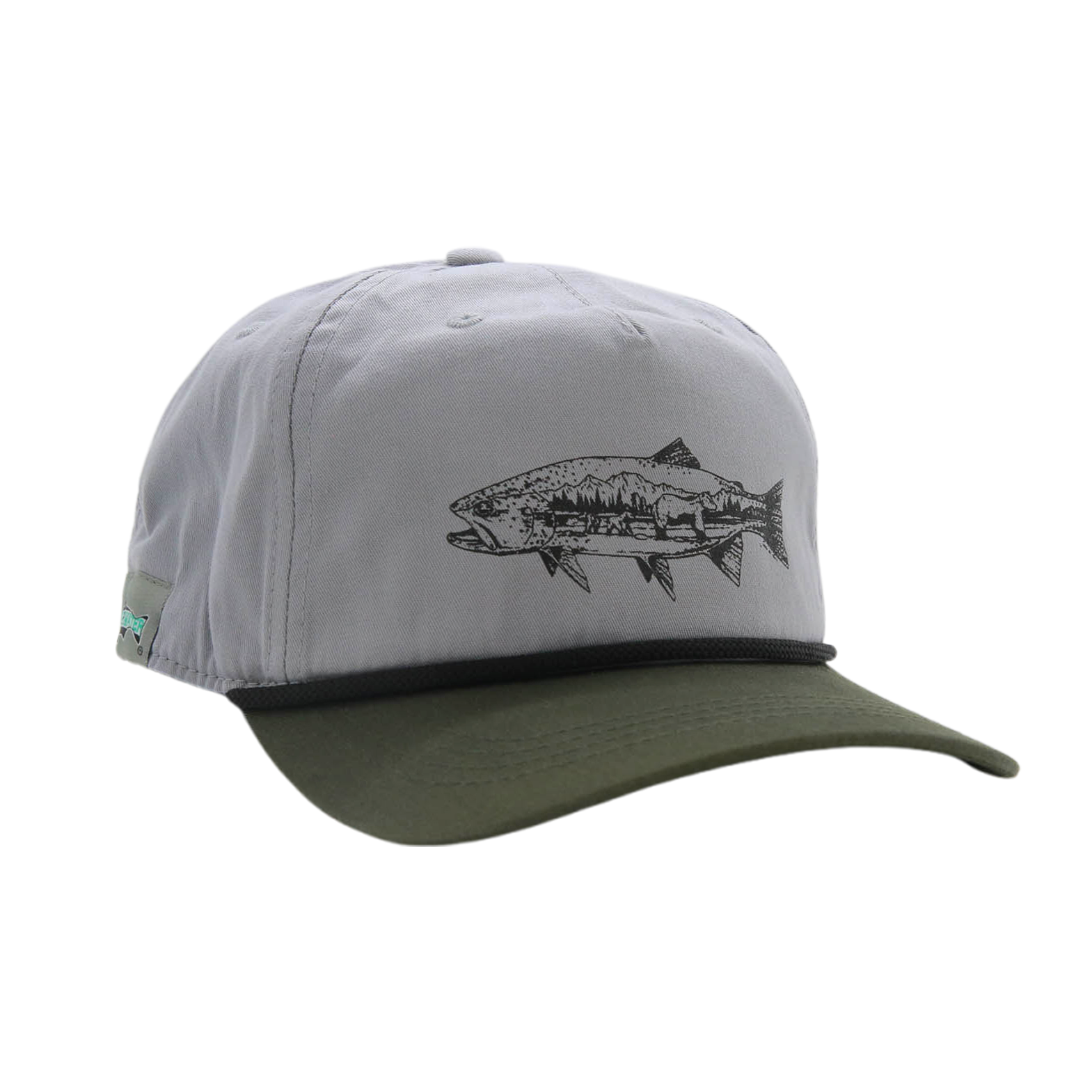 light gray full cloth hat and green bill with a black rope hat with a trout on the front showing mountain scape and bears