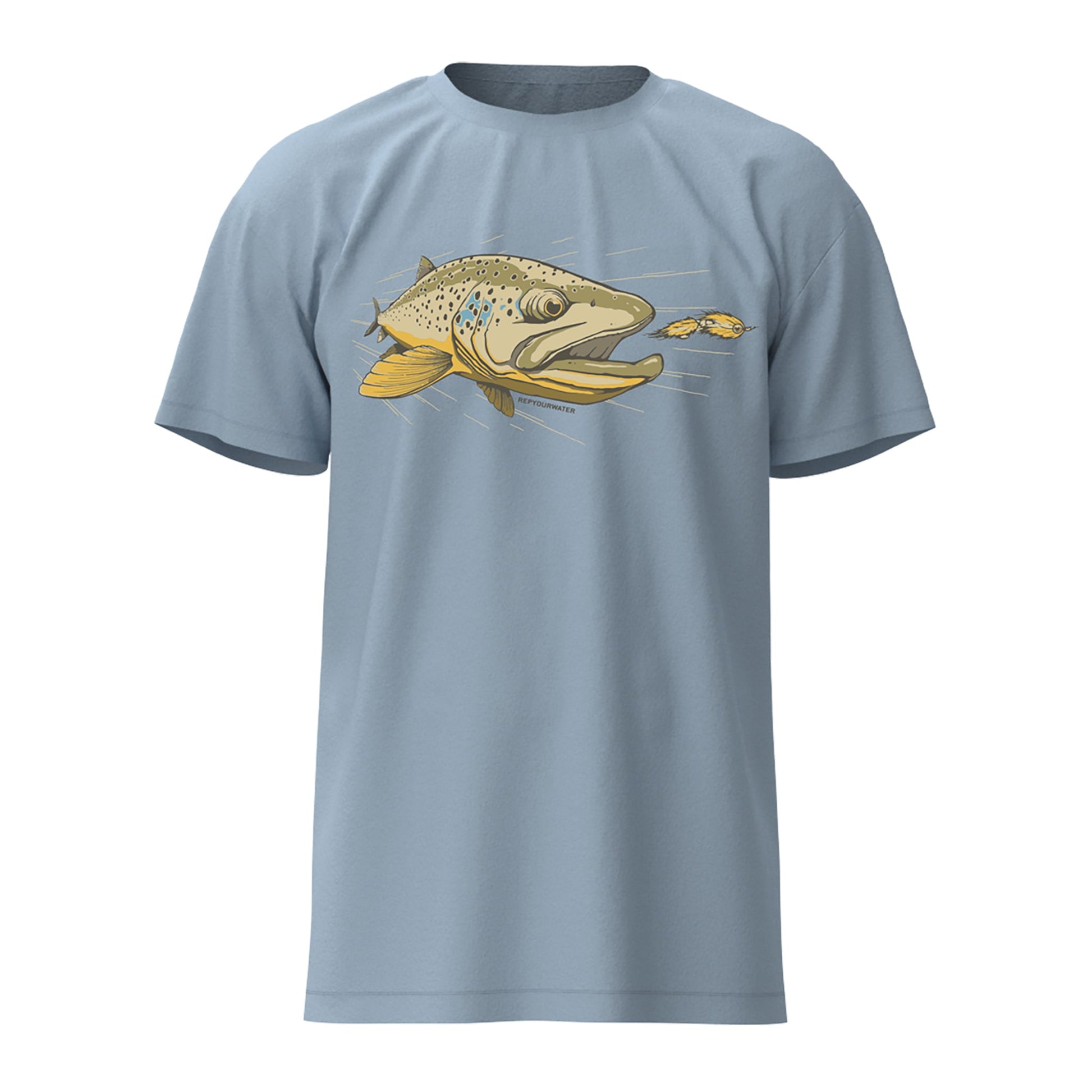 Light blue shirt with a brown trout chasing a streamer on the from