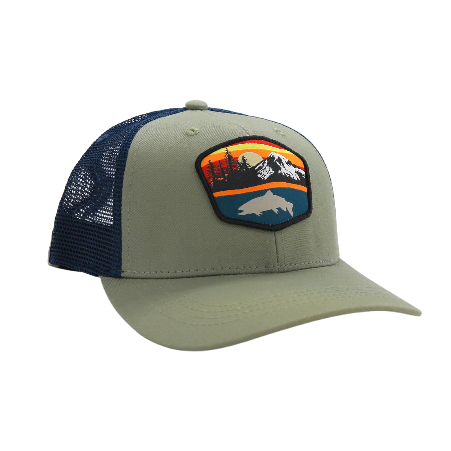 green front and navy mesh back hat with a patch of a sunset, mountain scape, and trout silhouette