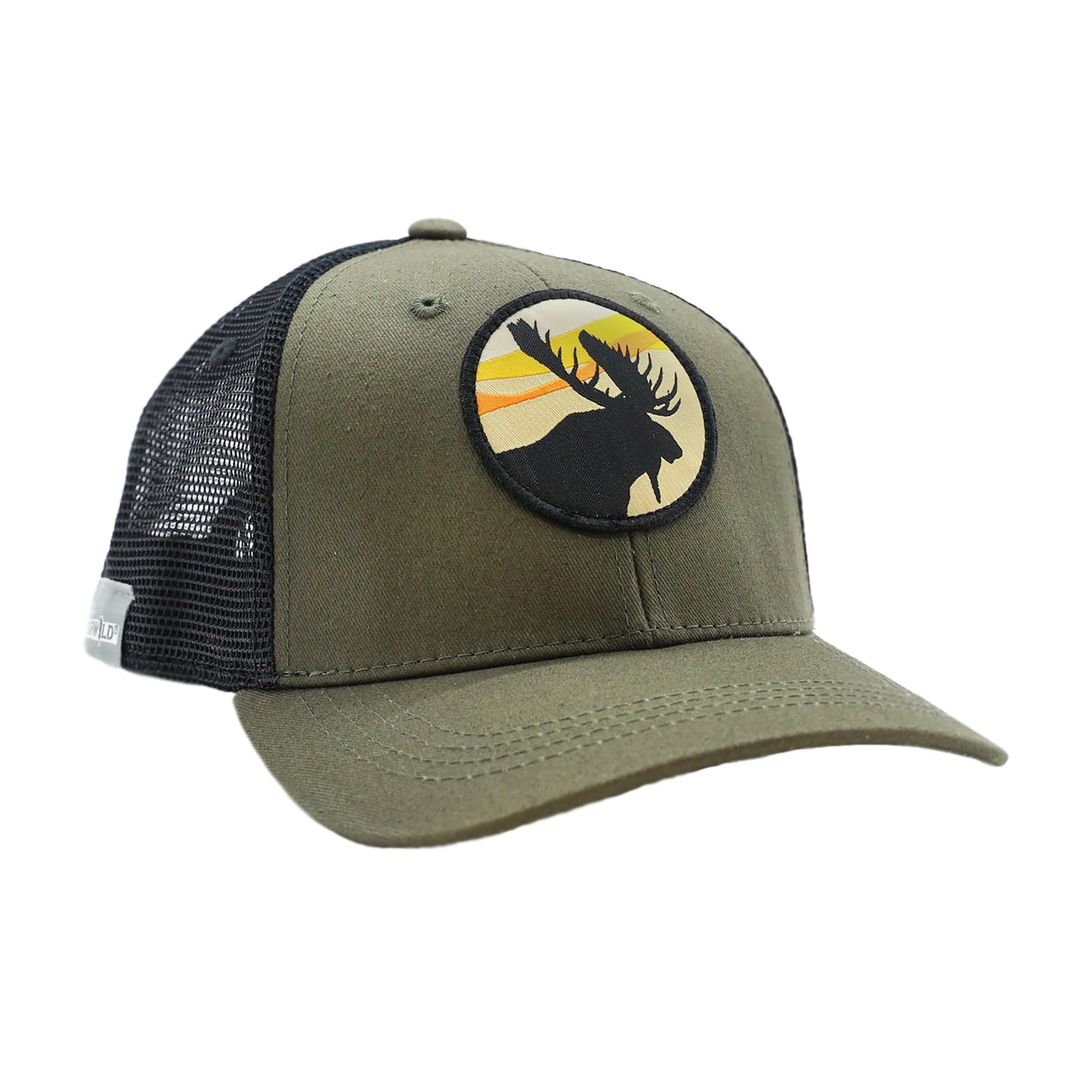 green front black mesh back hat with a circle patch on the front with sunset colors and a moose silhouette in black