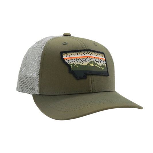 Green front and light gray mesh back hat with a patch of montana on the front showing mountains and a rainbow pattern sky