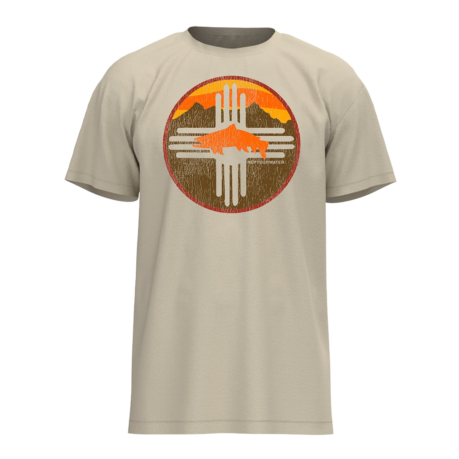 Tan tee shirt with the newmexico Zia sign, mountain scape, and a orange trout silhouette on the front