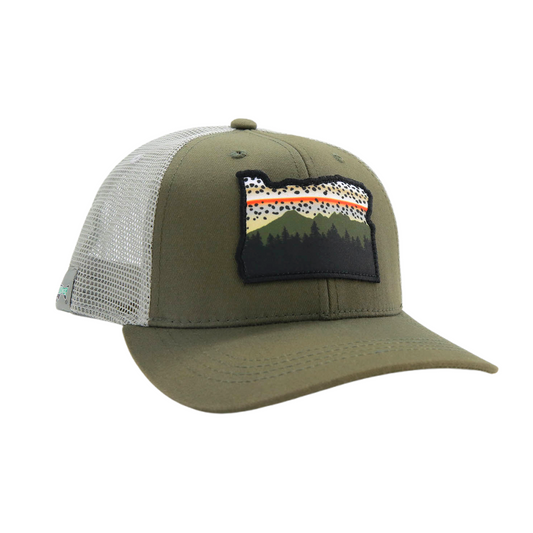 Green front and light gray mesh back hat with a patch of oregon on the front with mountains, trees, and rainbow trout pattern