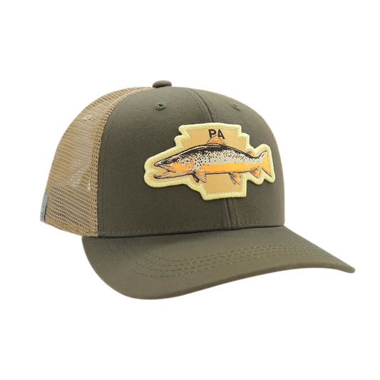 Green front and tan mesh back hat with a brown trout on the front and letter P A