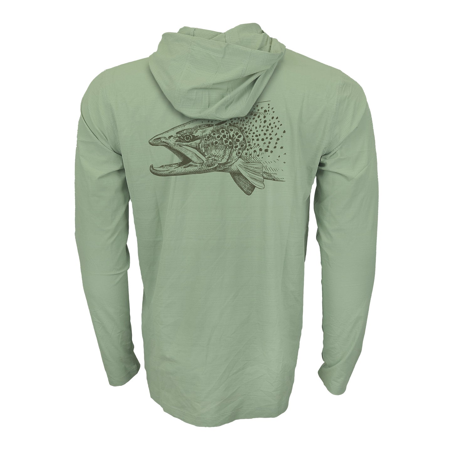 Light green flolite sun hoody with a brown trout head on the back!