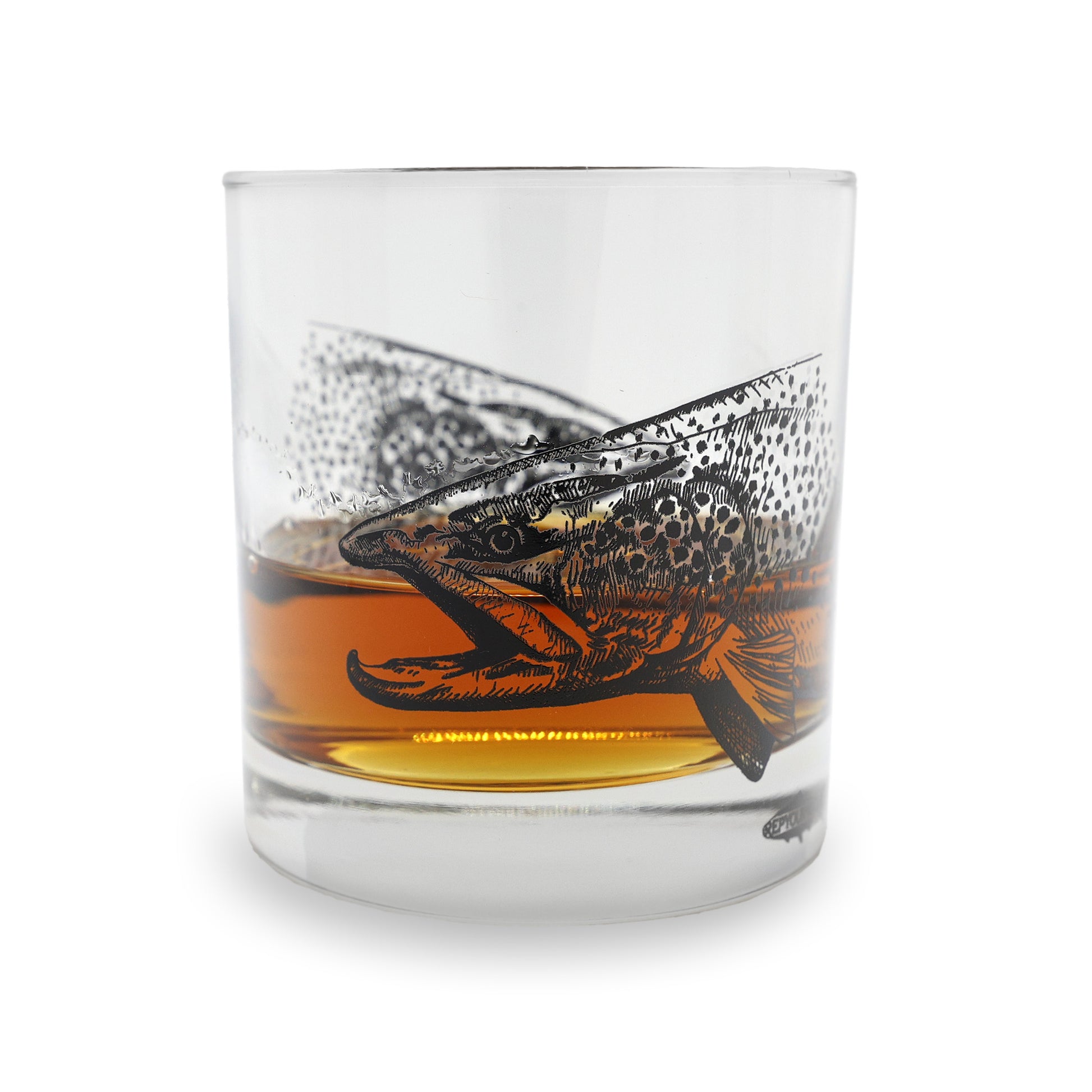 old fashioned glass with a brown trout face in it in black ink