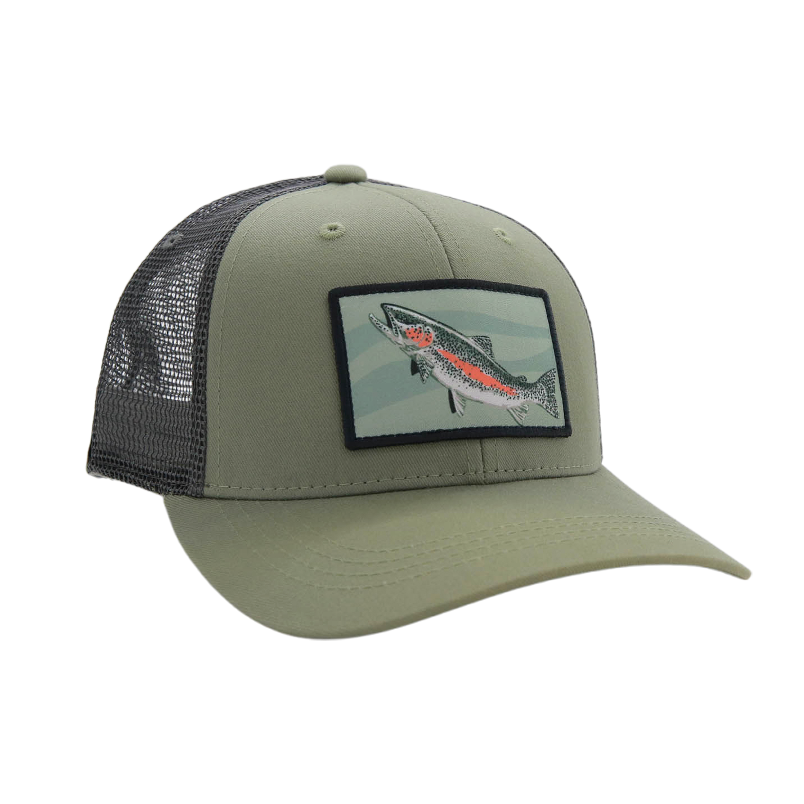 Light green front and dark grey mesh back hat with a patch of a rising rainbow trout on the front