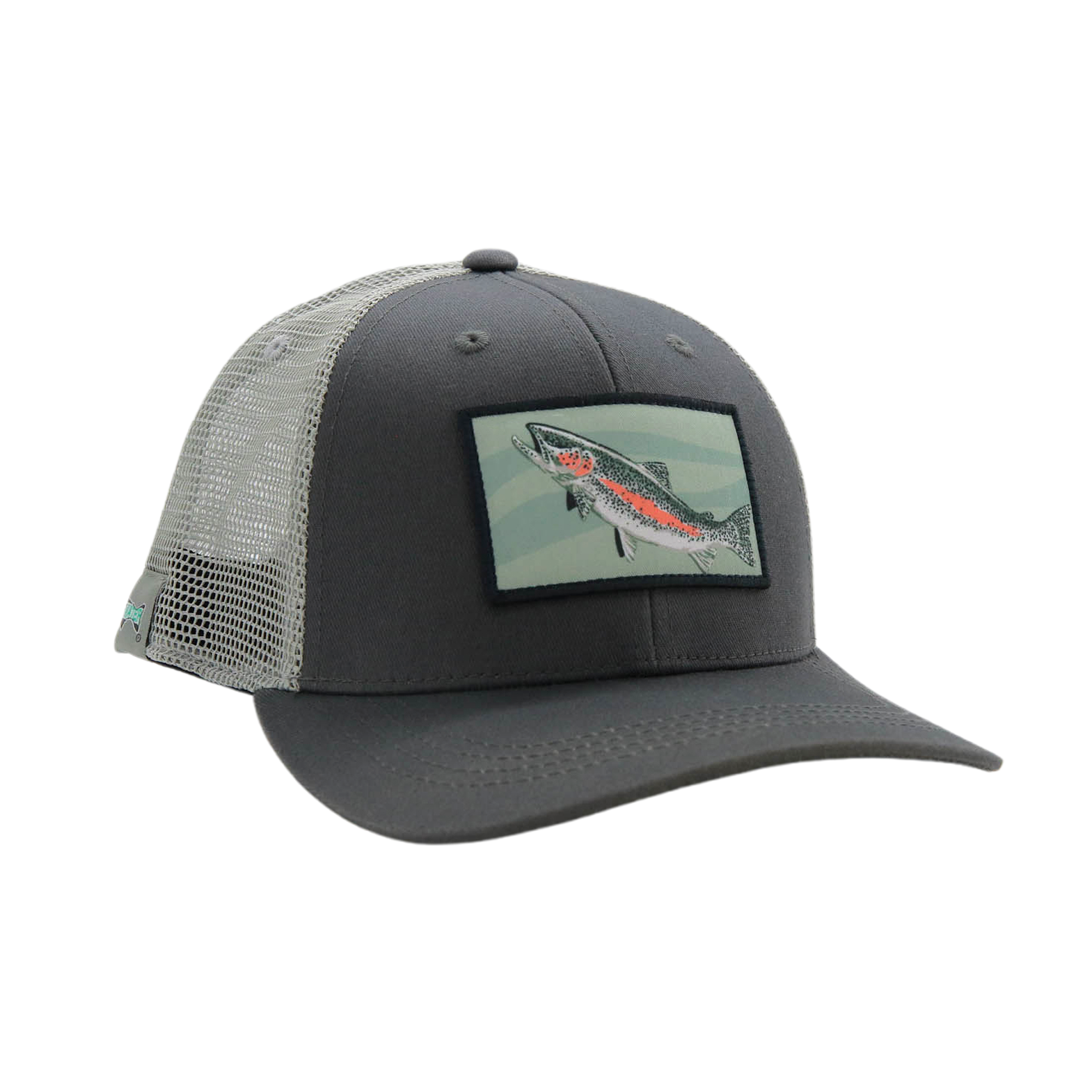 Gray front and light gray mesh back hat with a patch showing a rising rainbow trout on the front