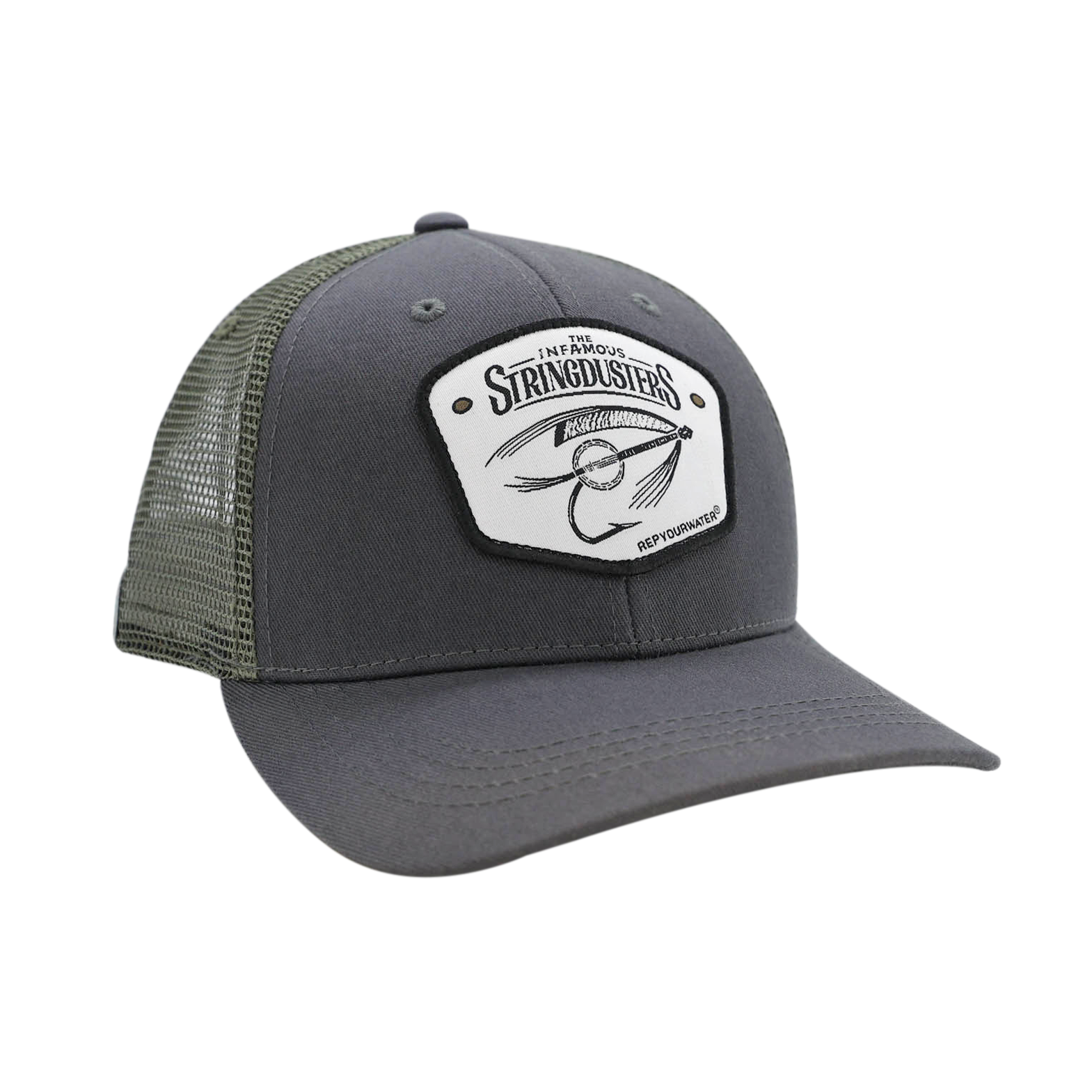 Gray front green mesh back repyourwater hat that has a patch for the infamous stingdusters and a fly and banjo on the font