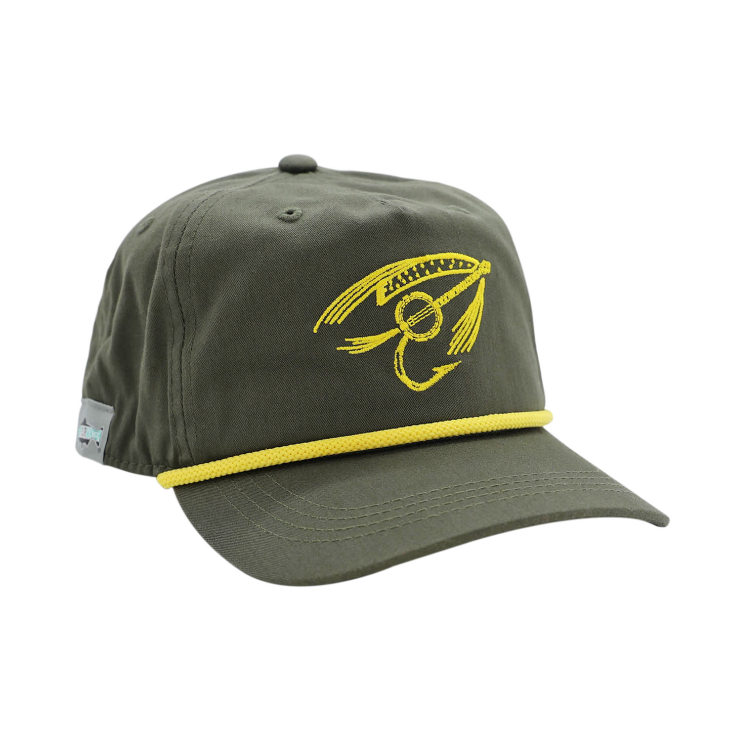 Green full cloth repyour water hat with a yellow fishing fly and banjo on the front for stringdusters collab