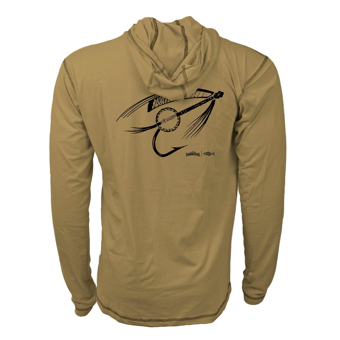 Dark tan merino sun hoody with a fly and banjo on the back