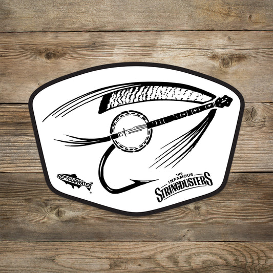 White sticker with a banjo fishing fly in black with repyourwater and the infamous string dusters logos