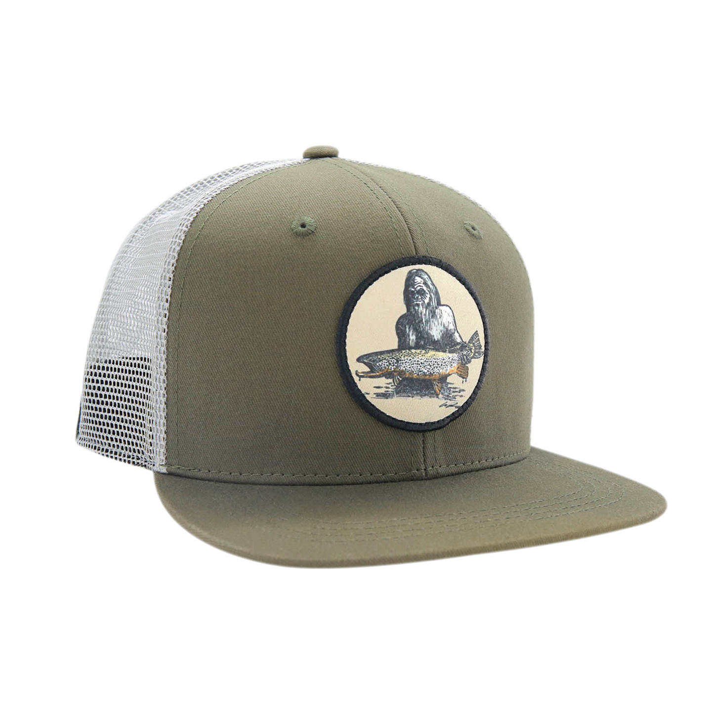 Green front and light gray mesh back hat with a black rope showing a patch of a squatch holding a fish