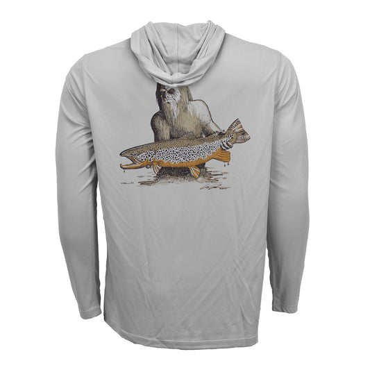 Gray sun hoody with a drawing of sasquatch on the back holding a brown trout