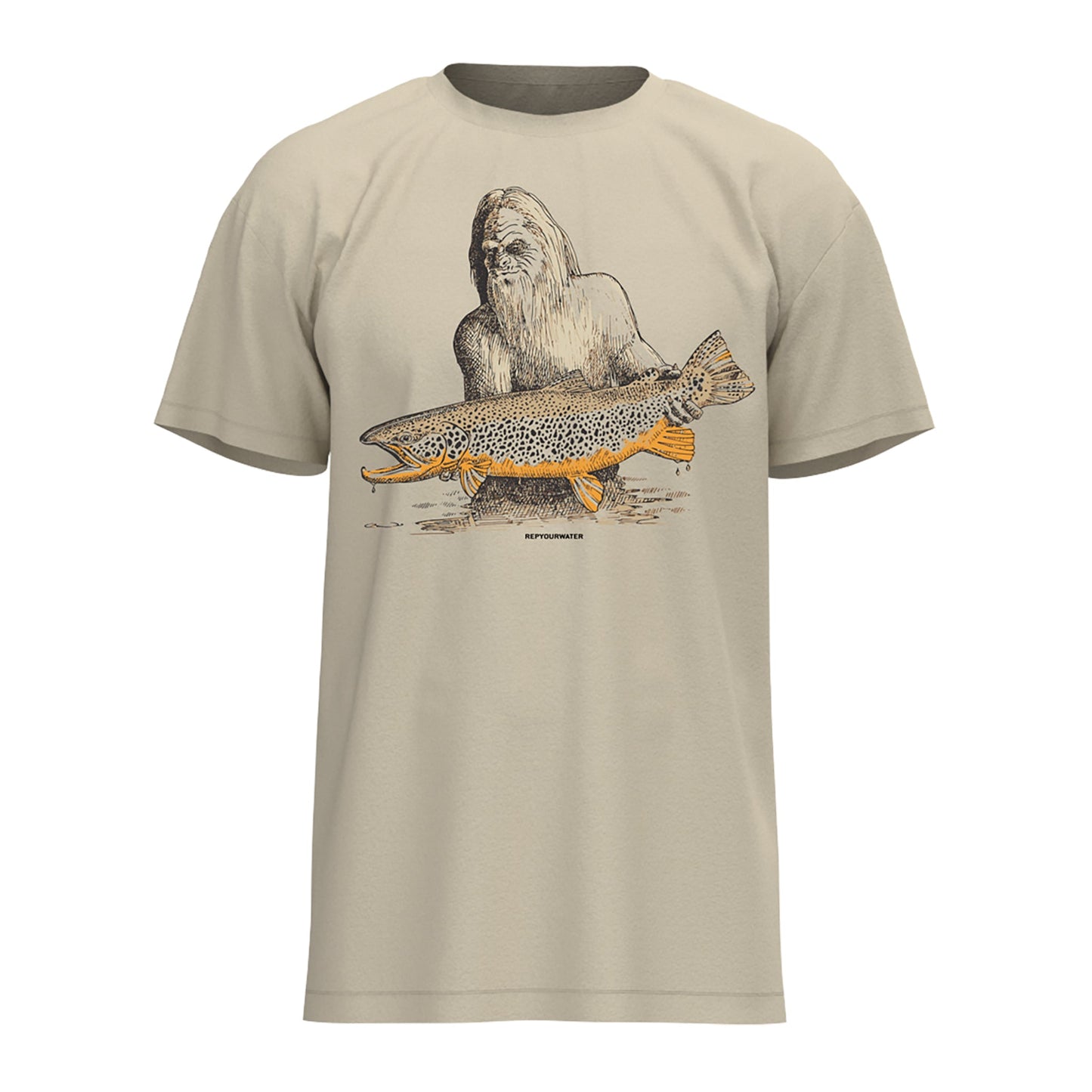 Tan tee shirt with a drawing of sasquatch holding a brown trout on the front