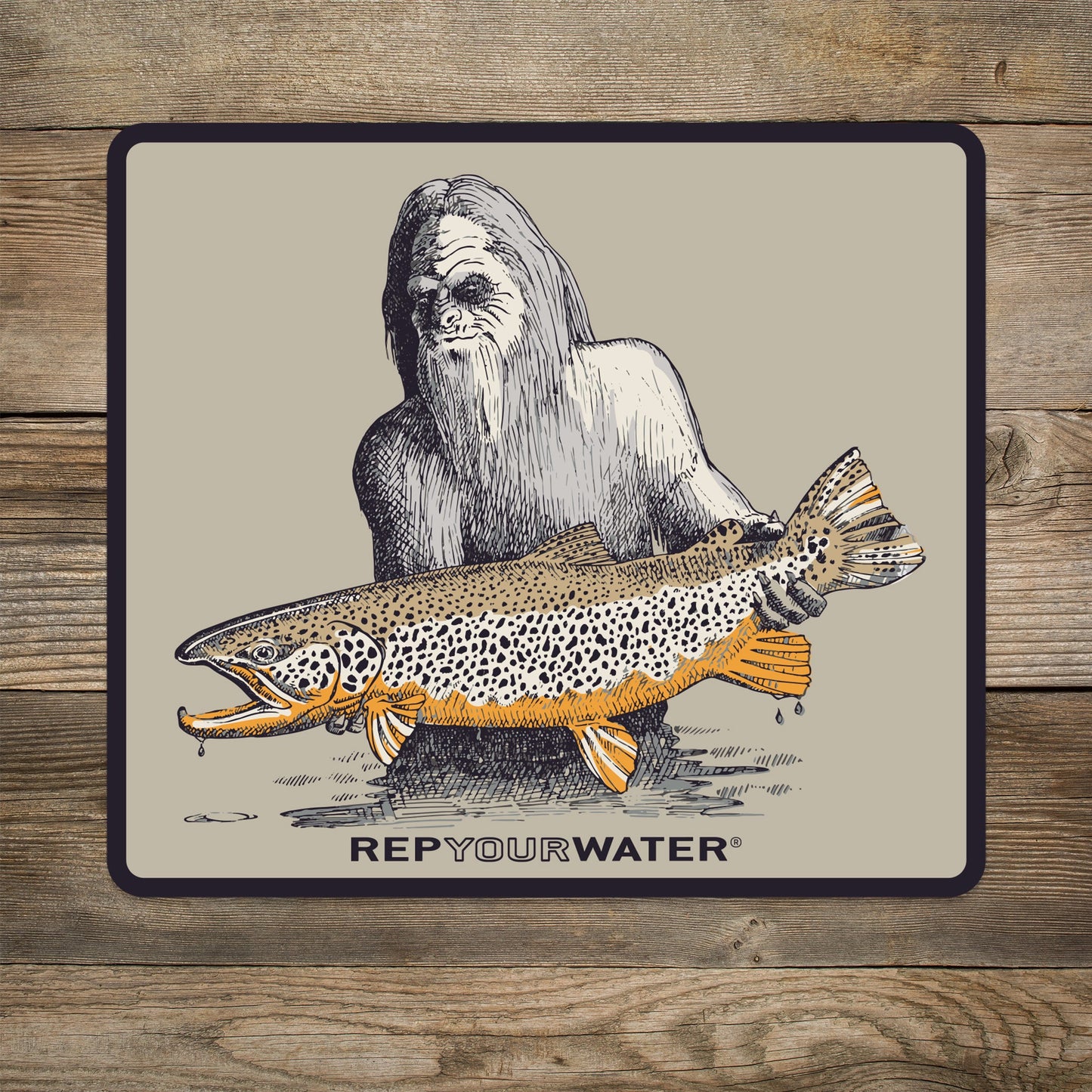 Square sticker with a drawing of squatch holding a brown trout