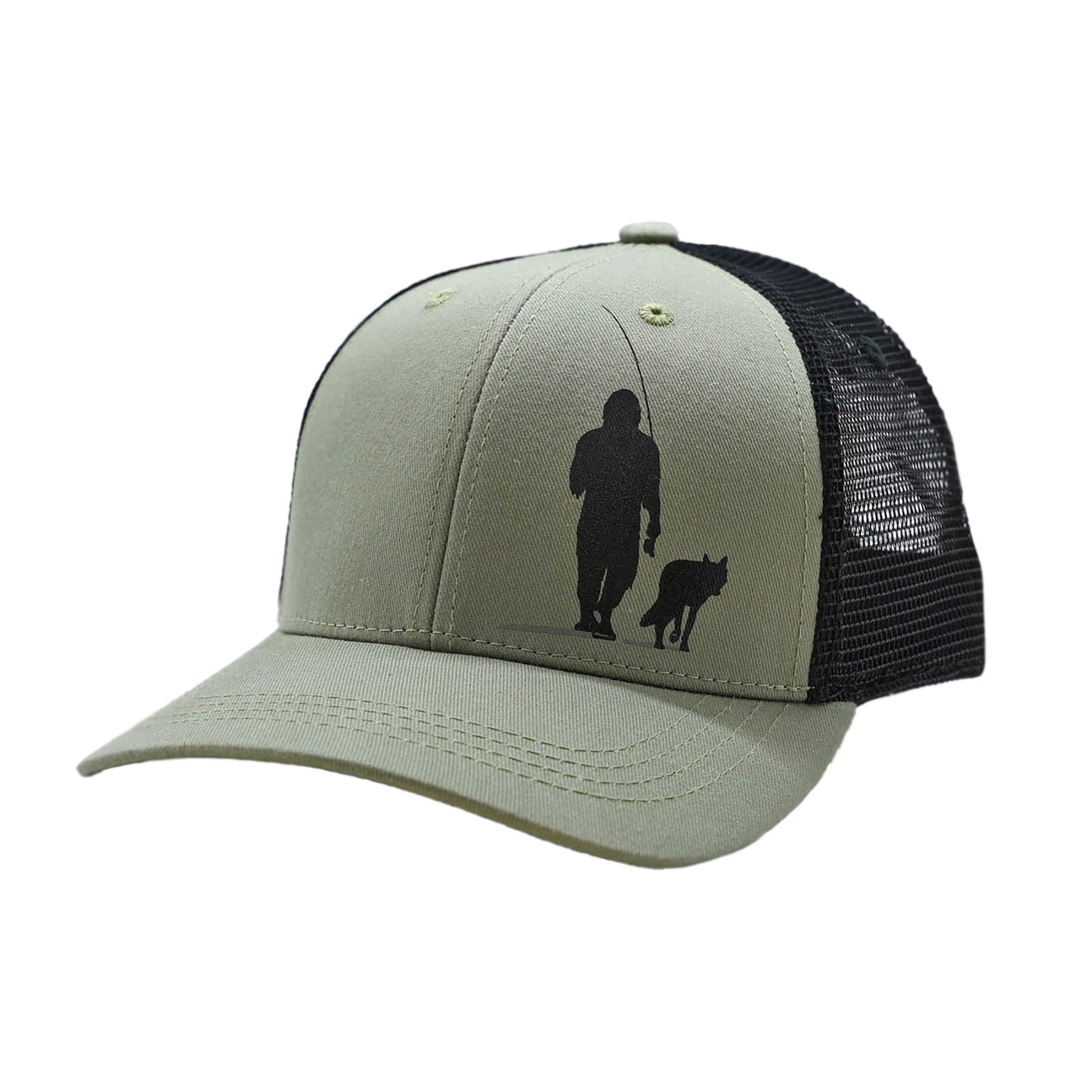 light green hat with black mesh back. front shows a silhouette in black of sasquatch and a wolf on the front left panel