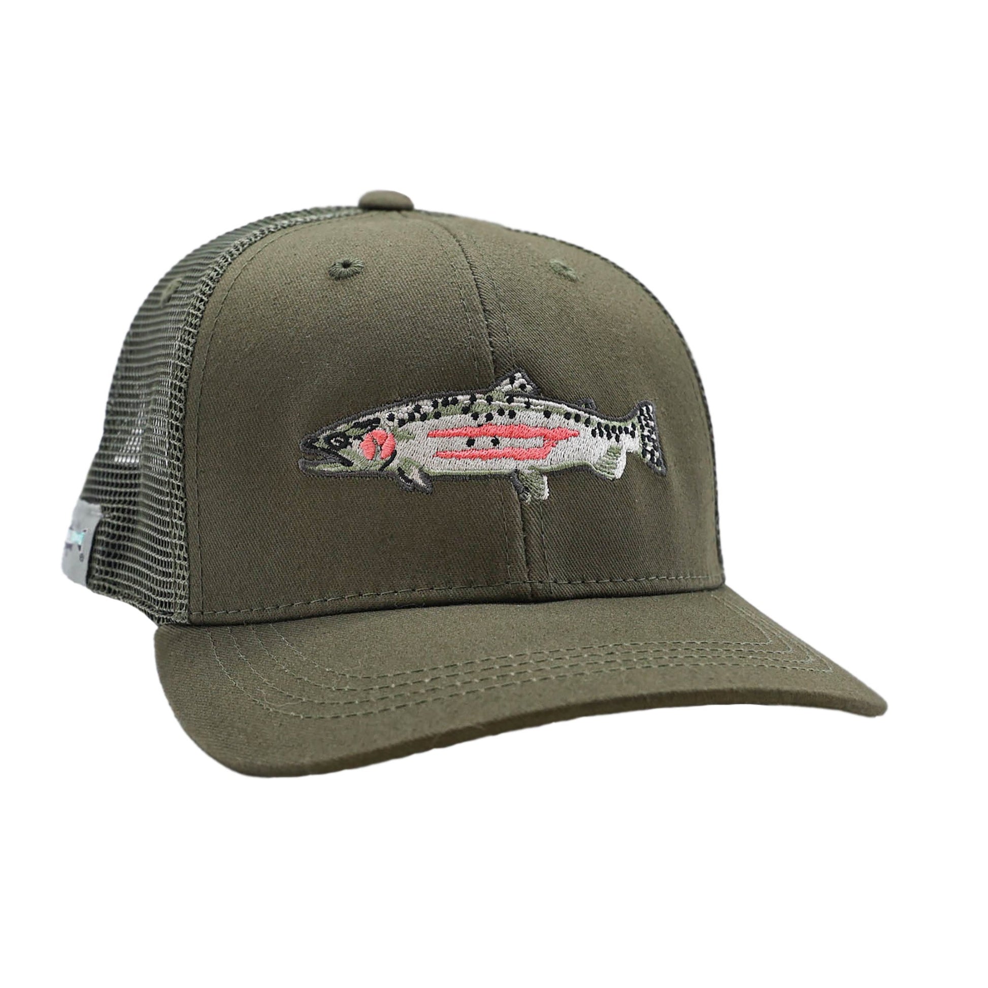 all green hat with an embroidered steelhead on the front
