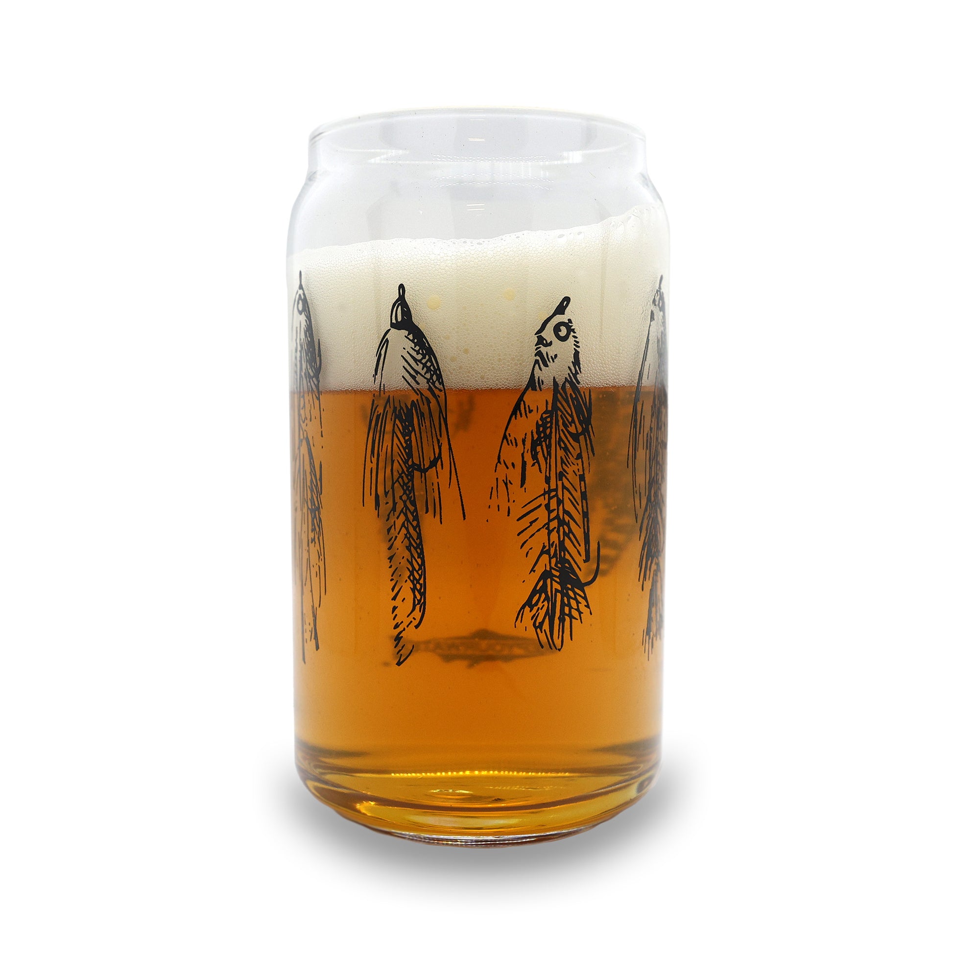 beer can style glass with drawing of streamers on the side in black ink with beer in the glass
