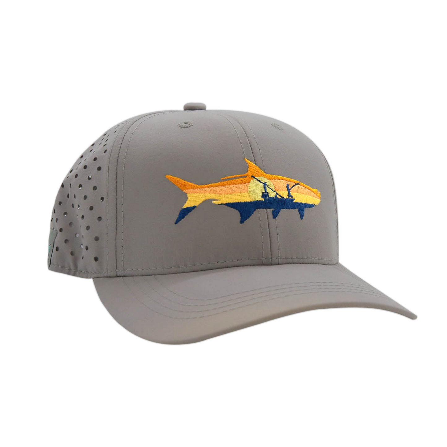 light gray front and nylon mesh back with a tarpon silhouette of a sunrise and two people on a boat fishing