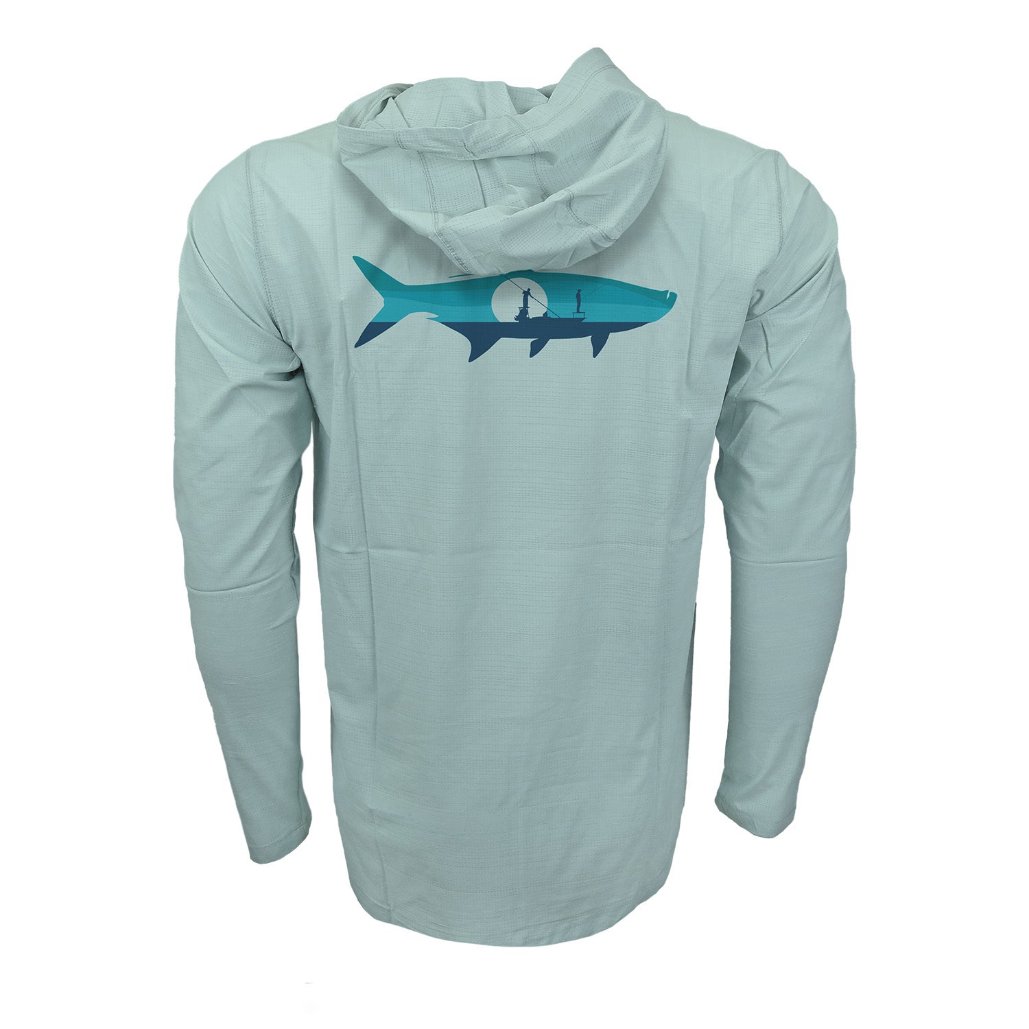 Light blue flolite sun hoody with a tarpon silhouette on the back and two people fishing from a skiff inside it. 