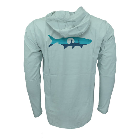 Light blue flolite sun hoody with a tarpon silhouette on the back and two people fishing from a skiff inside it. 