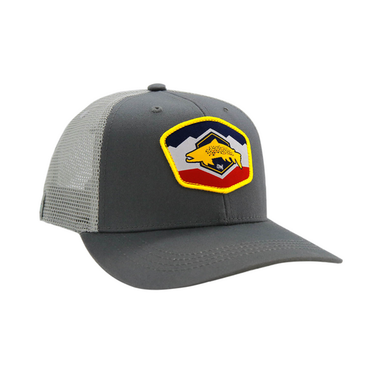 Gray  front and light gray mesh back with the new utah flag and brown trout in the front