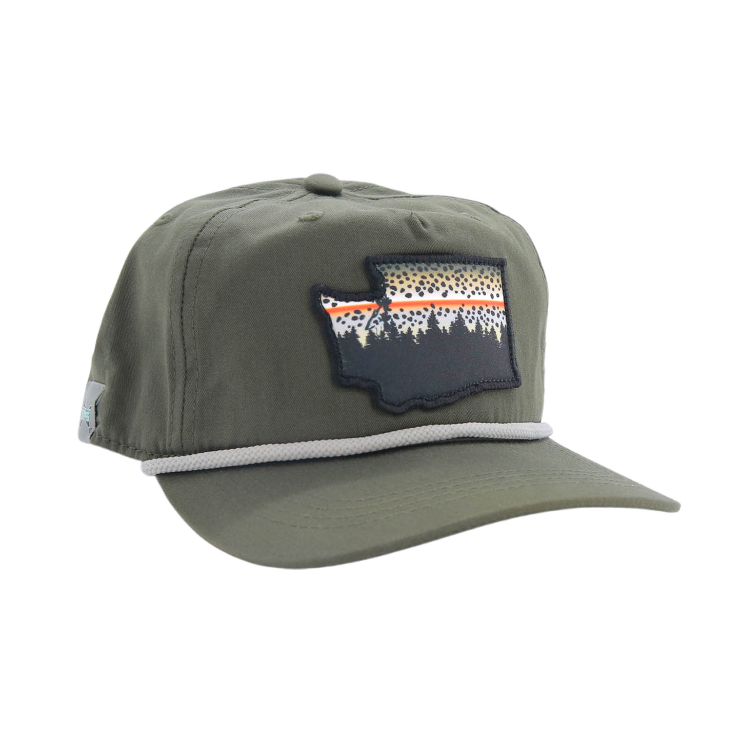 Green hat with a patch shaped like Washington state with tree silhouette and rainbow trout pattern in the "sky"