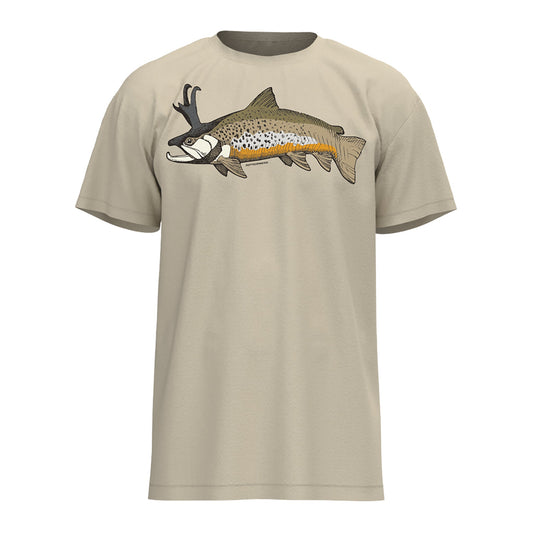 Tan tee shirt with a drawing of a brown trout with antelope horns