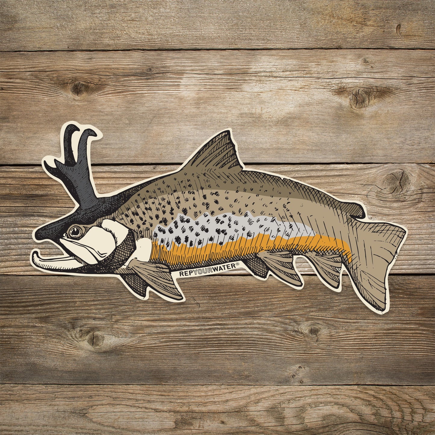 Sticker of a drawing of a brown trout with antelope horns