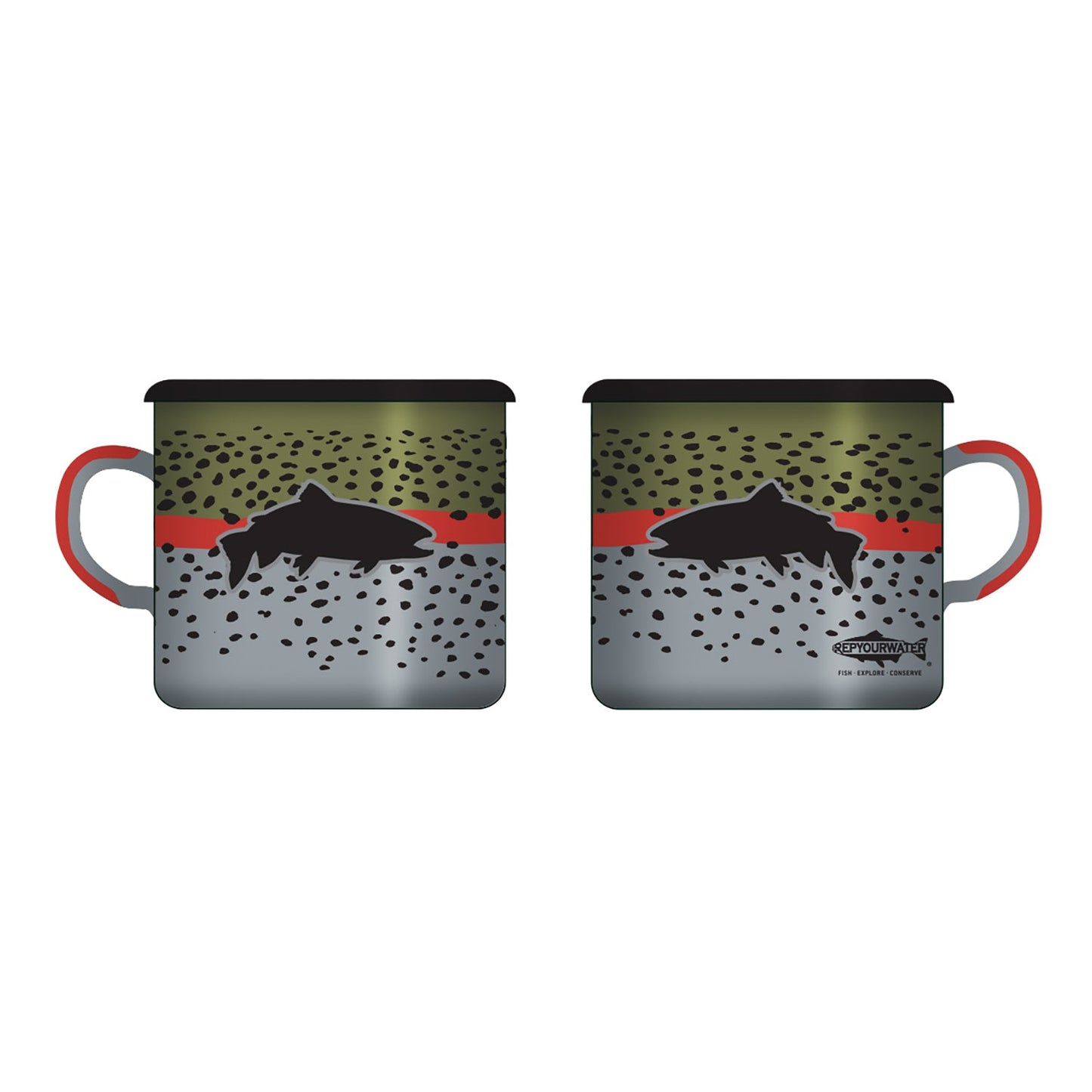 a rainbow trout pattern mug with a black trout silhouette on the side