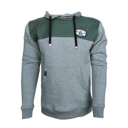 light grey hoody with green yoke and badge of sasquatch holding a fish on the front left chest