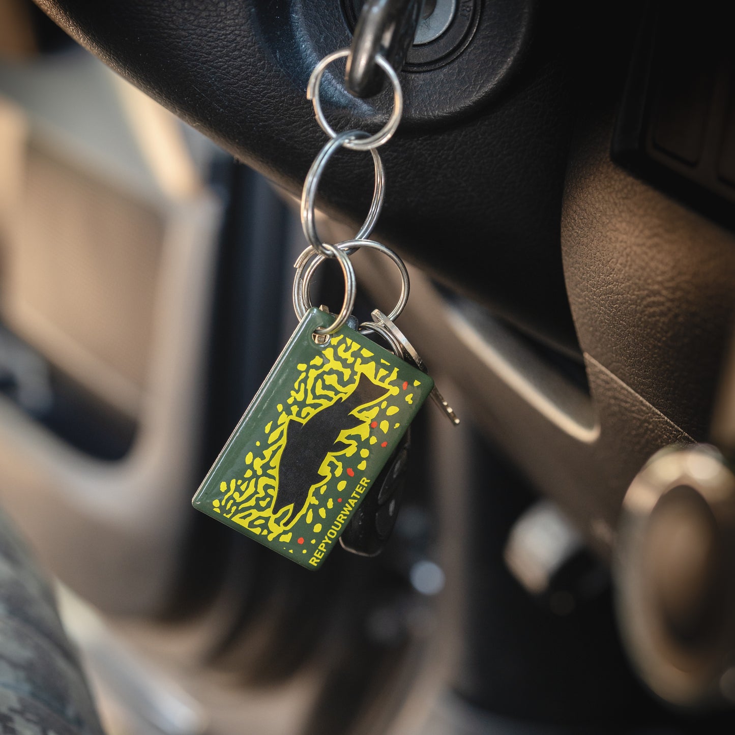 photo of car keys in the ignition with the brook trout key ring with a brook trout pattern and a black silhouette of a fish