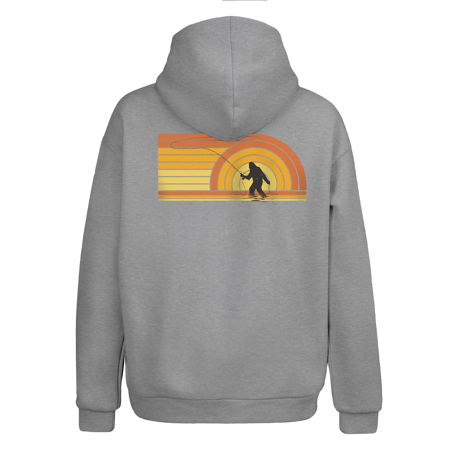 light grey hoodie with a picture of sasquatch casting a fly rod on the back and shades of orange and yellow making a retro sunset
