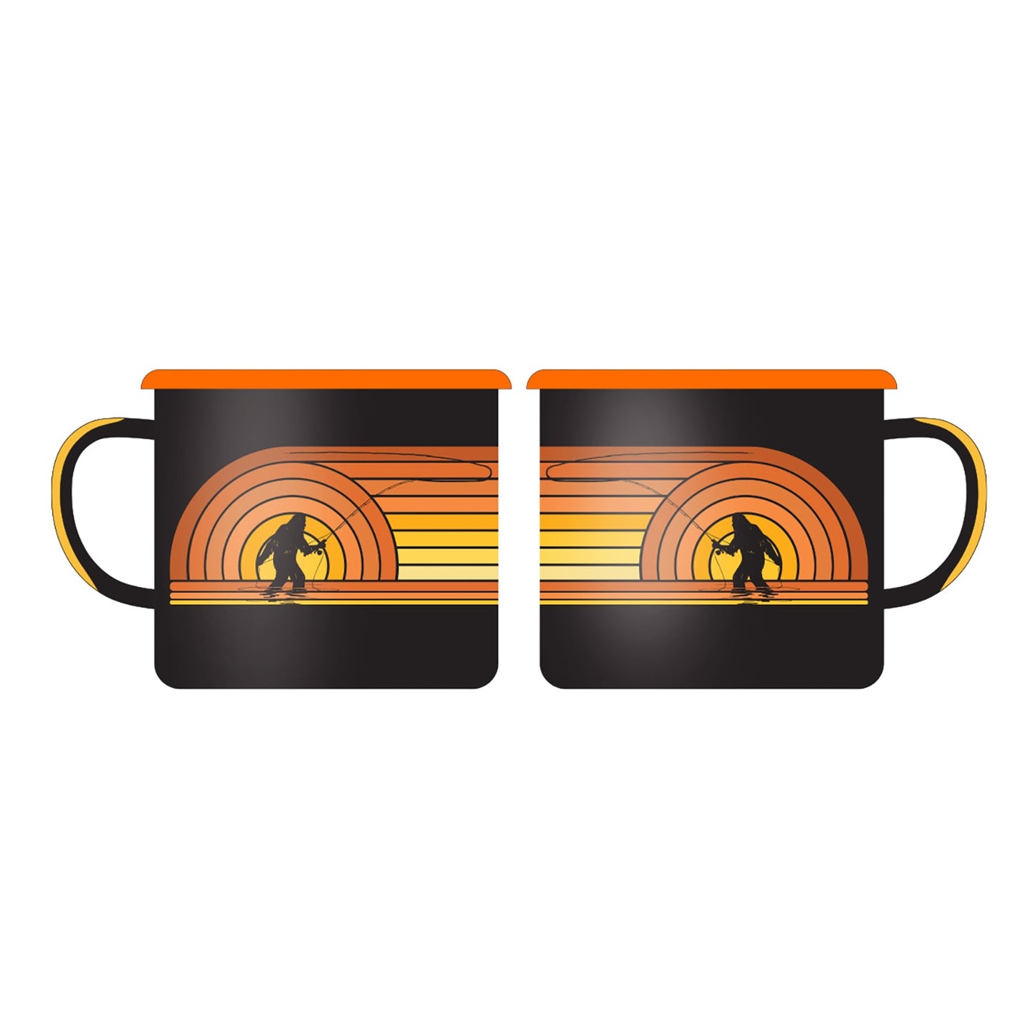 black mug with sasquatch casting a fly rod on the side and shades of orange and teller in a retro design