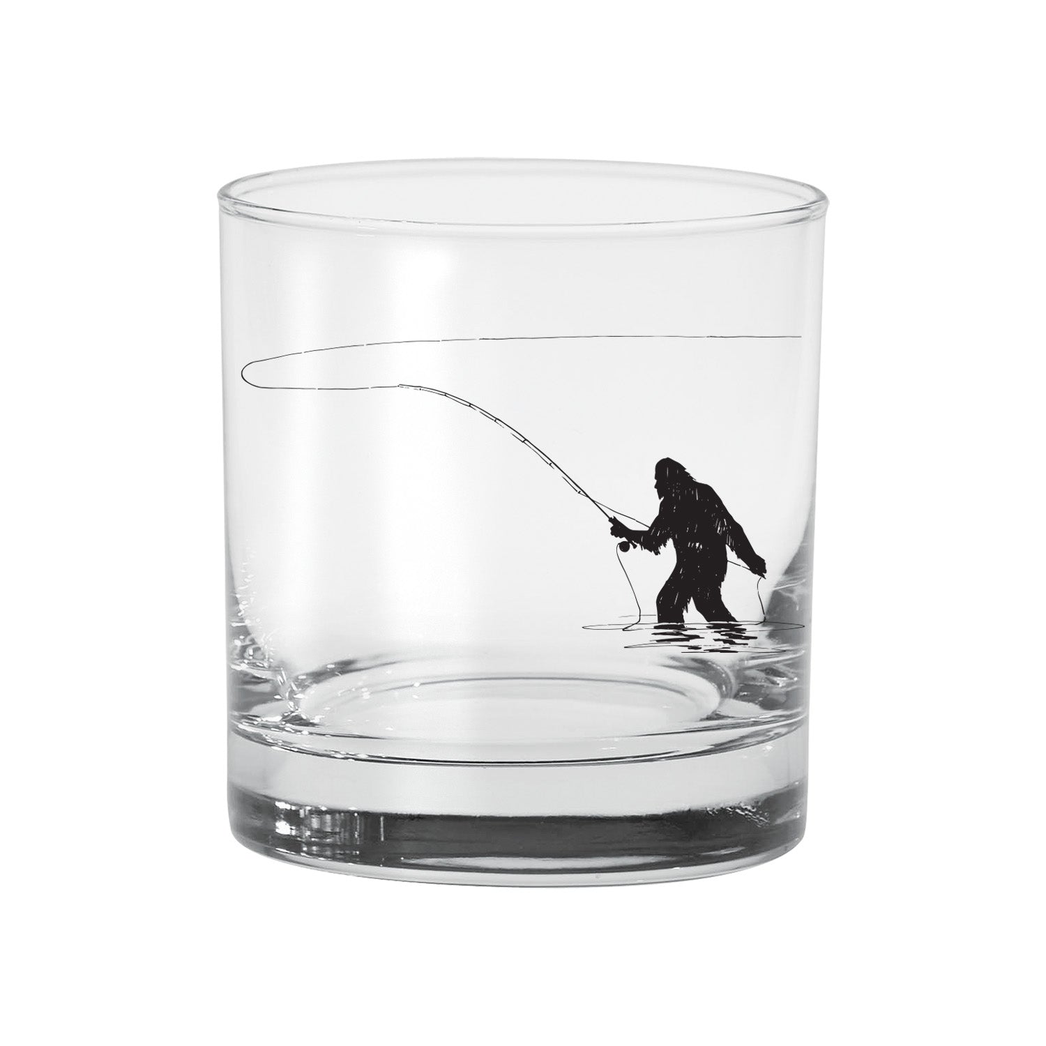 drinking glass with a printed sasquatch casting a fly rod on it