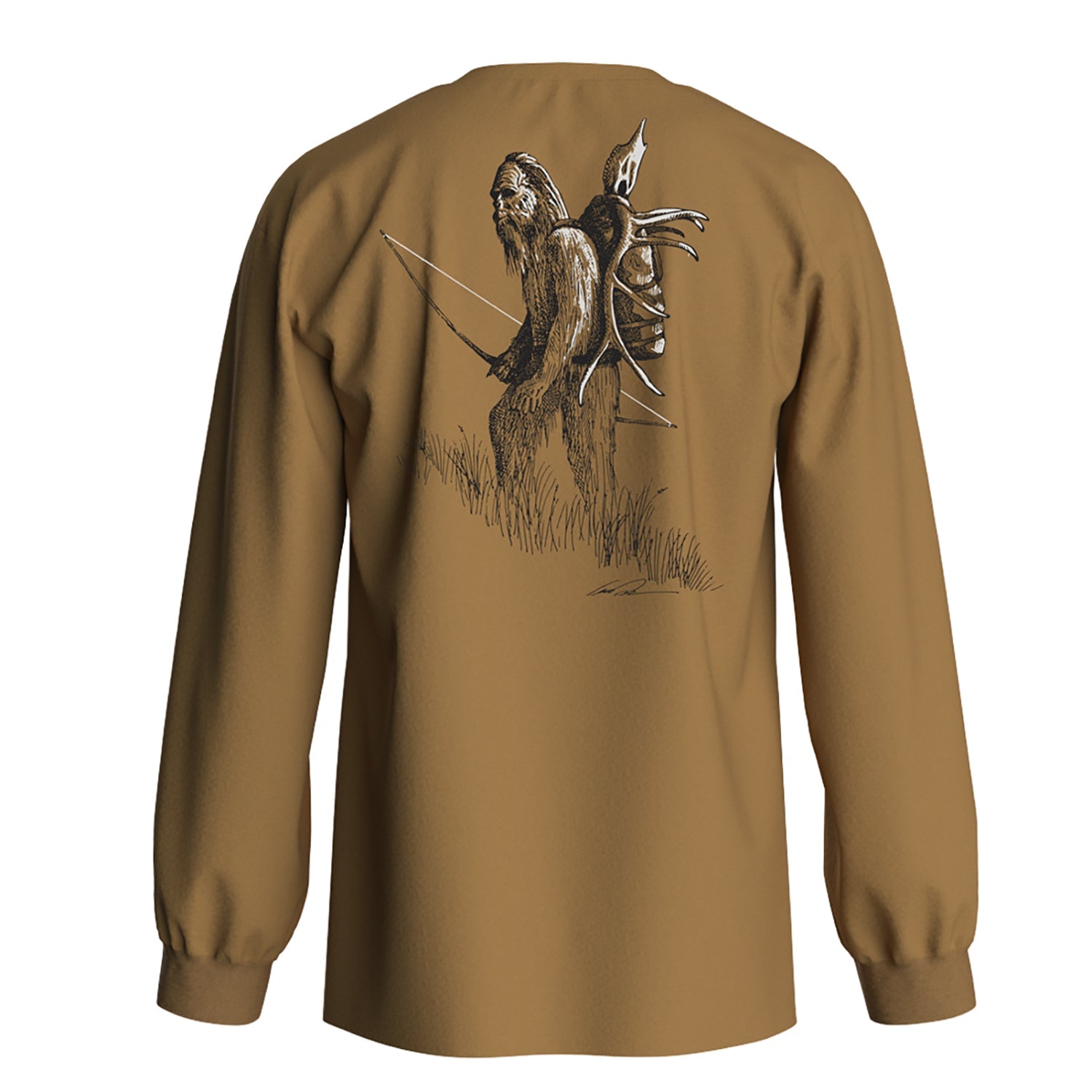 buckskin color long-sleeved tee with a pen and ink drawing of sasquatch carrying a bow and a elk head on its back