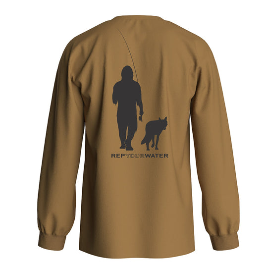 buckskin color long sleeve with a silhouette of sasquatch and wolf and the words rep your water on the back