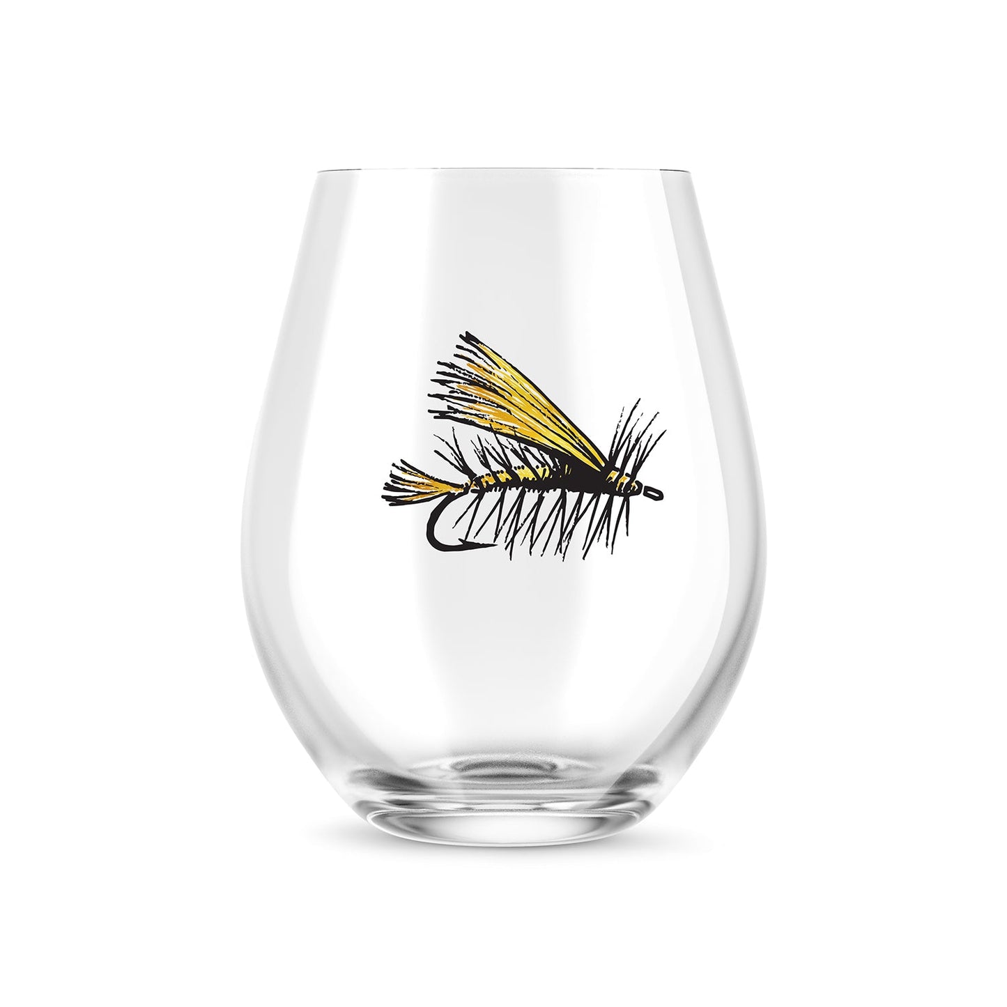 stemless wine glass with a drawing of a dry fly in black and gold