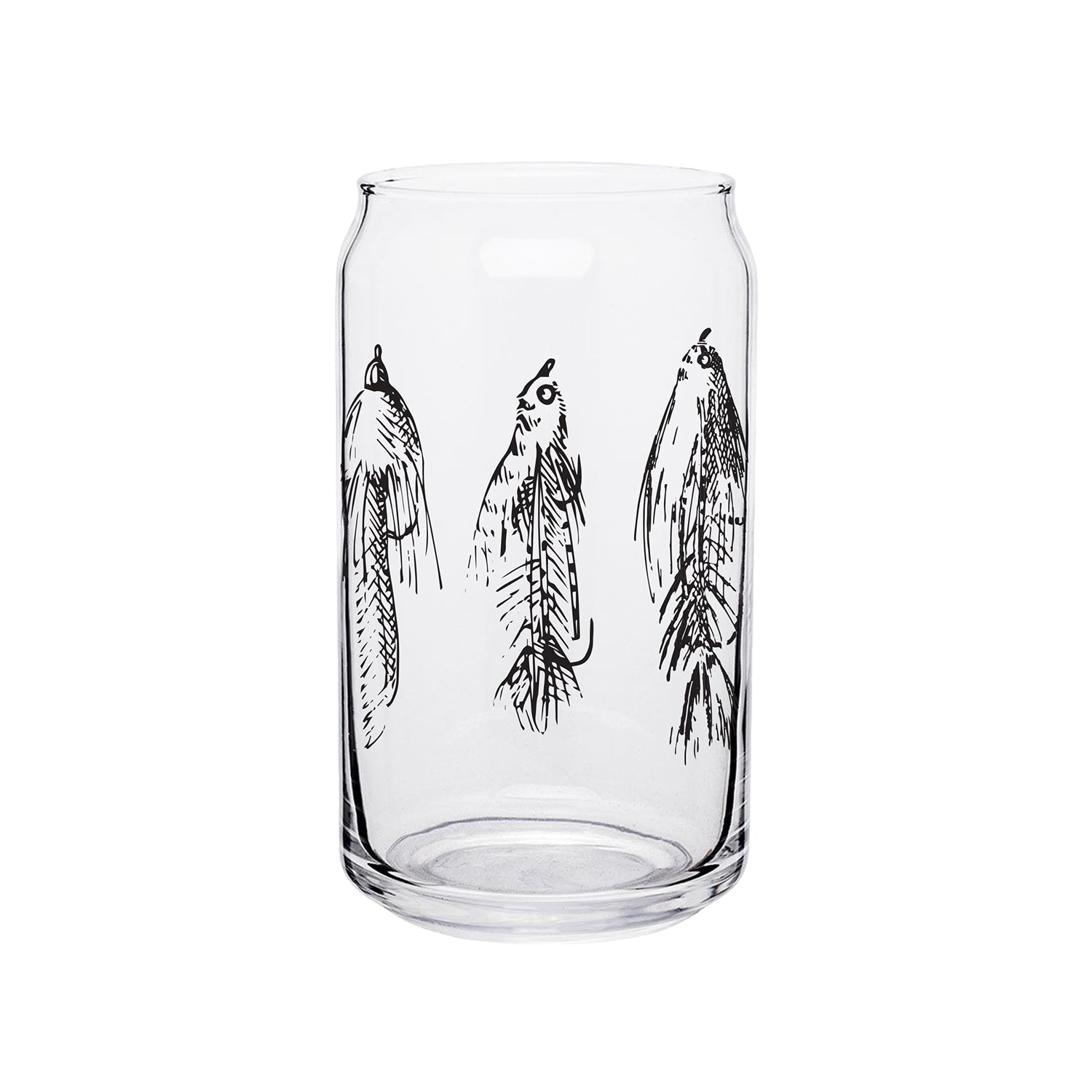 beer can style glass with drawing of streamers on the side in black ink