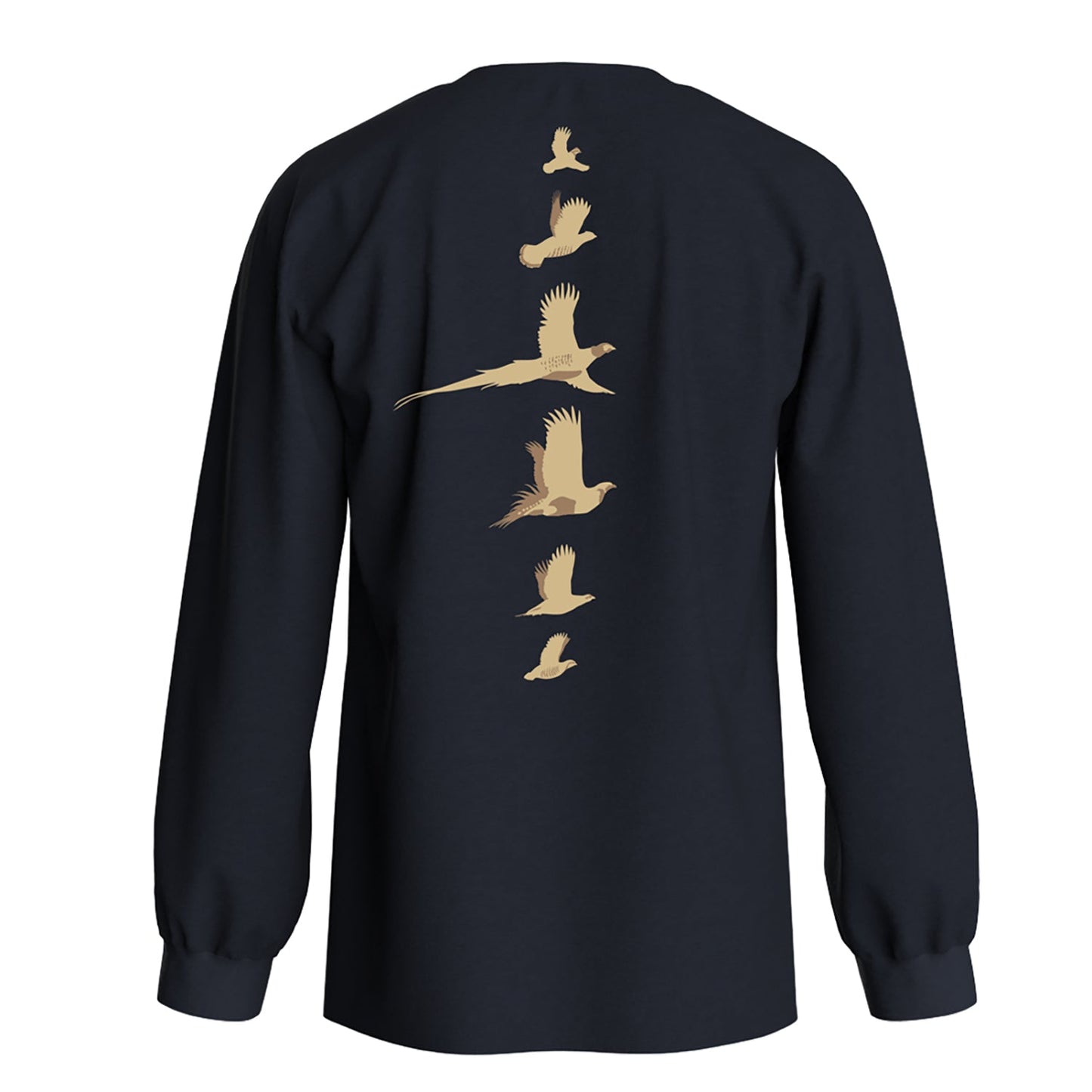 dark navy long sleeve with types of birds going down the spine in tan and brown