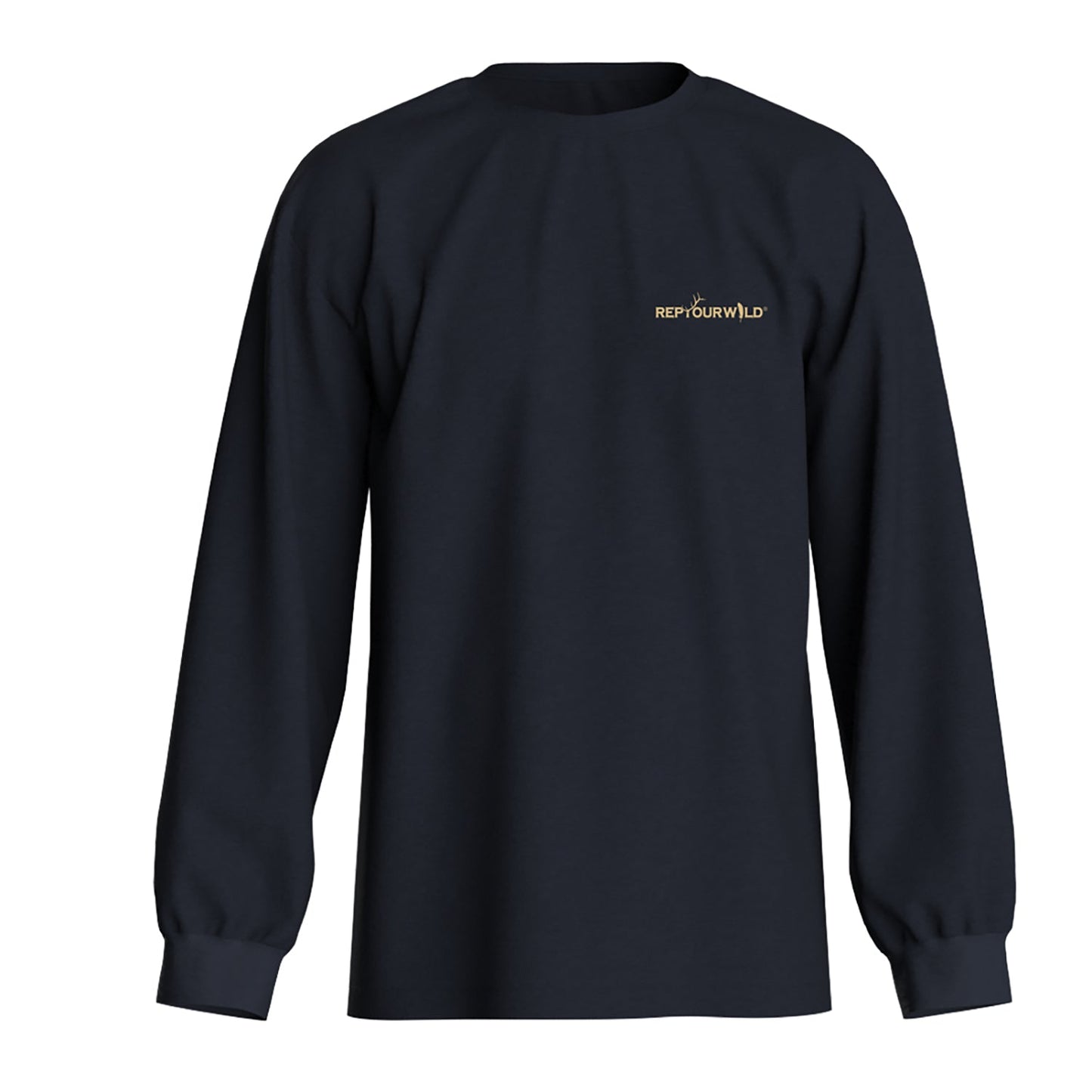 dark navy long sleeve with the works rep your wild on the front left chest 