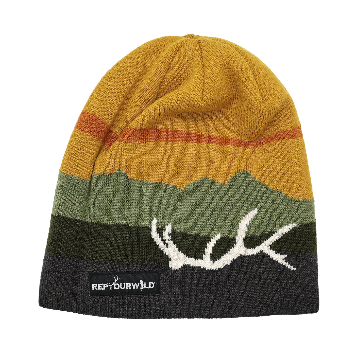 skullcap with a sunset and mountain range with an elk antler in white