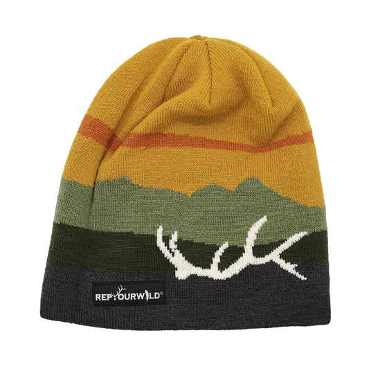 skullcap with a sunset and mountain range with an elk antler in white