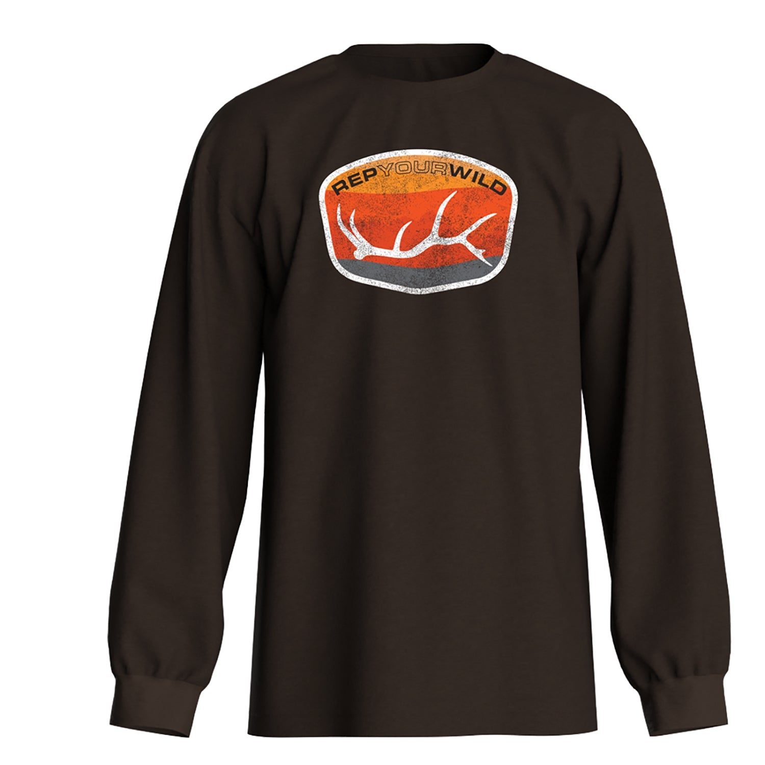 dark brown long sleeve with a badge on the front showing gradient of orange and red and a white elk antler on the front with the words rep your water