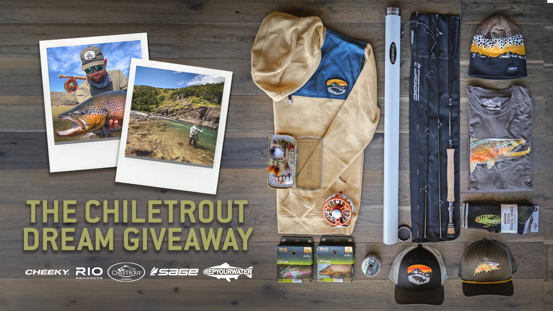 The chiletrout dream giveaway photo showing fishing in Chile and the gear you would win from winning the giveaway from sage, Rio, cheeky, and repyourwater 