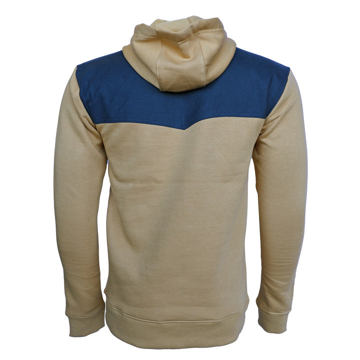 back of buck skin hoody with navy shoulder yoke