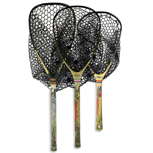 photo of three fishing nets with black mesh bags, that have fish that fade into flies on the handles in assorted colors